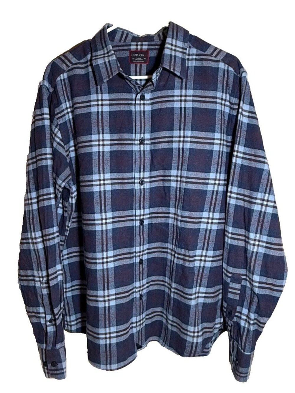 UNTUCKit Blue Plaid Flannel Relaxed Fit Shirt Mens LG Long Sleeve Fall Warm